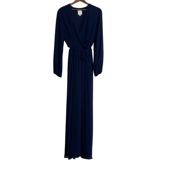 DB Studio Surplice Long Sleeve Faux Wrap Tie Belt Chiffon Maxi Dress Navy Sz 14 - Picture 1 of 7